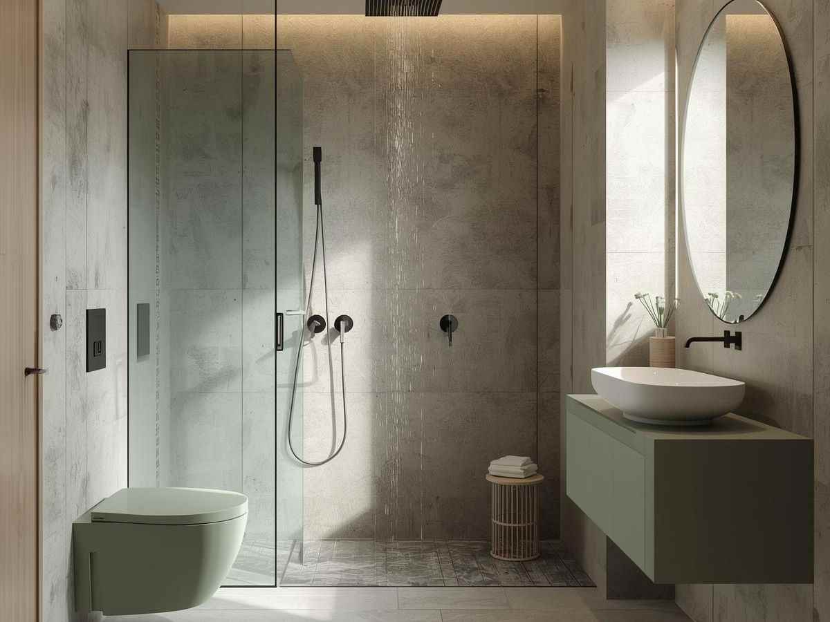 un bagno moderno con sanitari color salvia