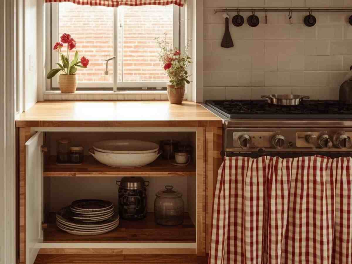 una cucina con tendine tipiche della nonna