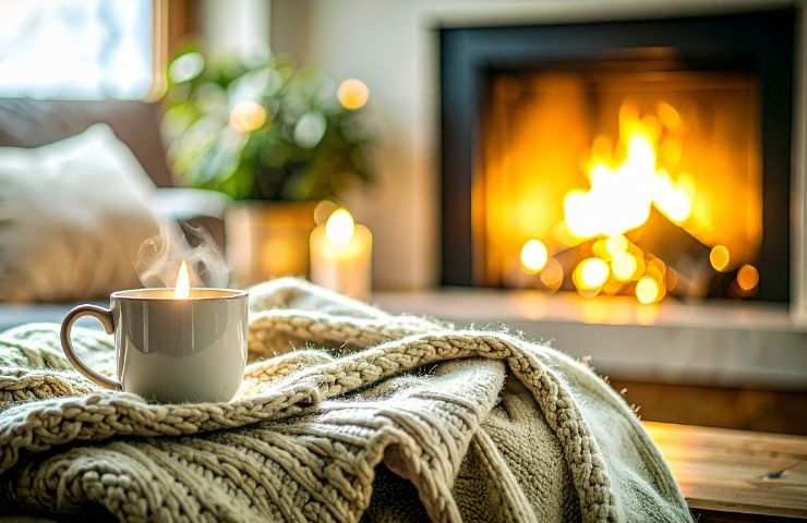 camino acceso in lontananza, coperta e bevanda calda sul divano