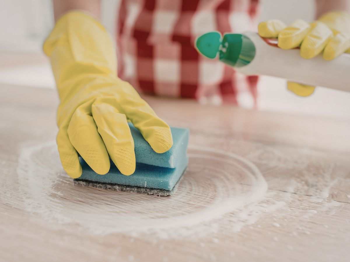 donna pulisce un mobile