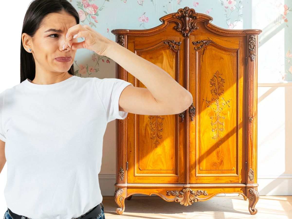 donna sente puzza e armadio in legno