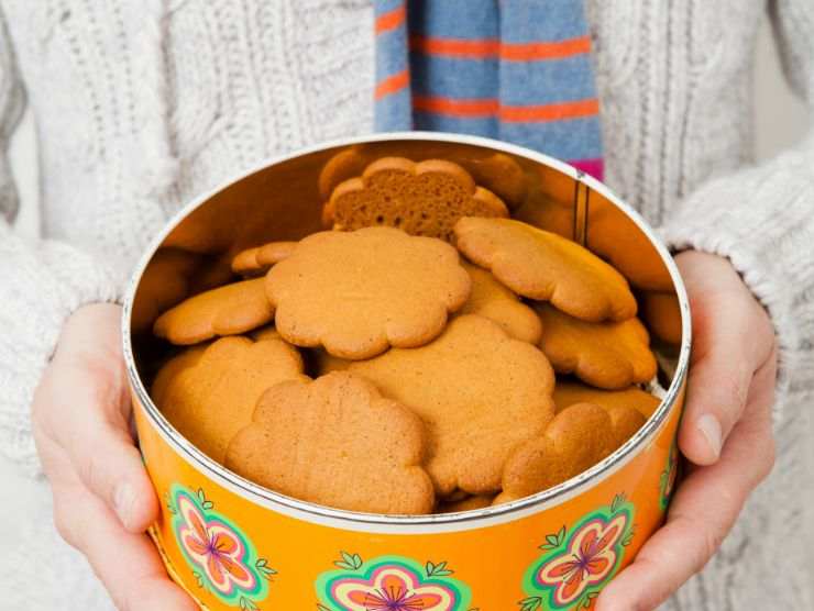 persona che mantiene una scatola di biscotti fatta di latta