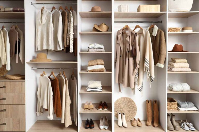 armadio con ante aperte in cui si vedono vestiti