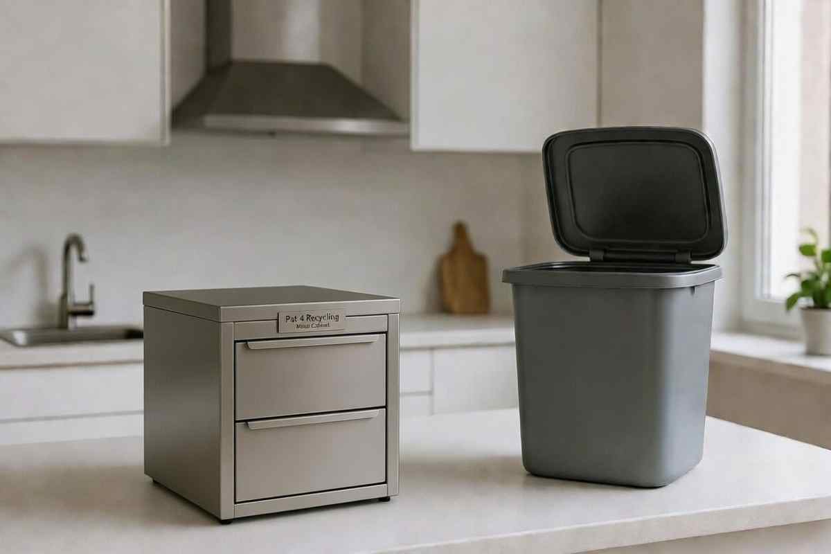 il nuovo Pat 4 Recycling Metal Cabinet e il classico bidoncino della spazzatura