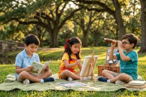 bambino leggono e studiano su un prato