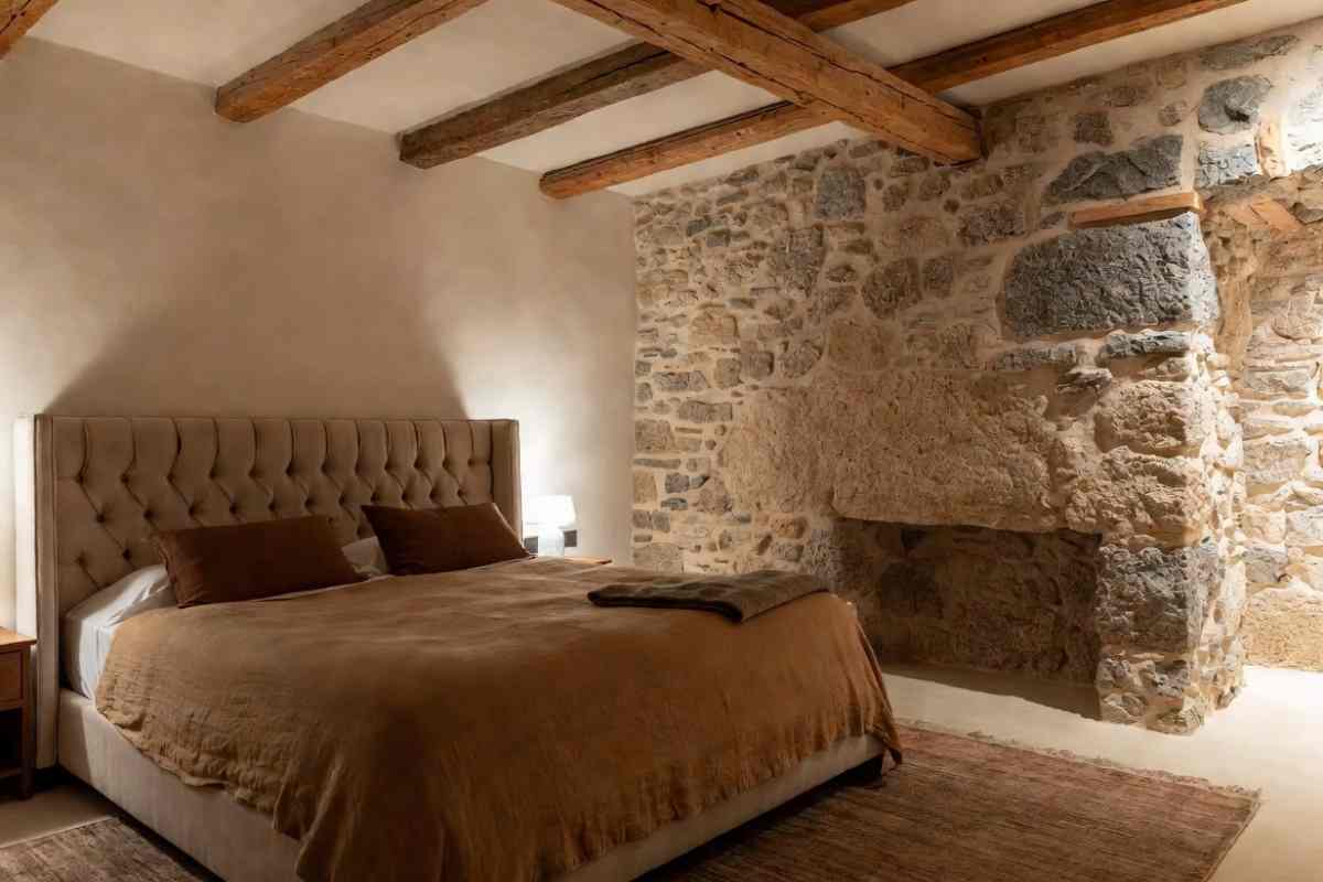 Una stanza da letto con parete a vista